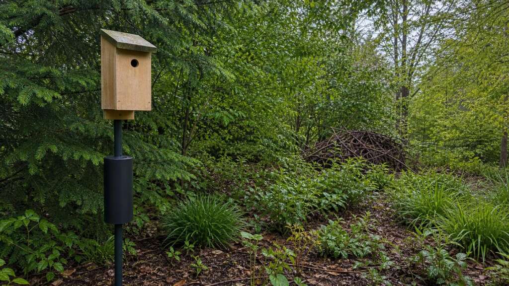 A wooden bird nest box on a metal pole with a predator baffle, set beside layered shrubs, grasses, leaf litter, and a brush pile in a bird-friendly garden.