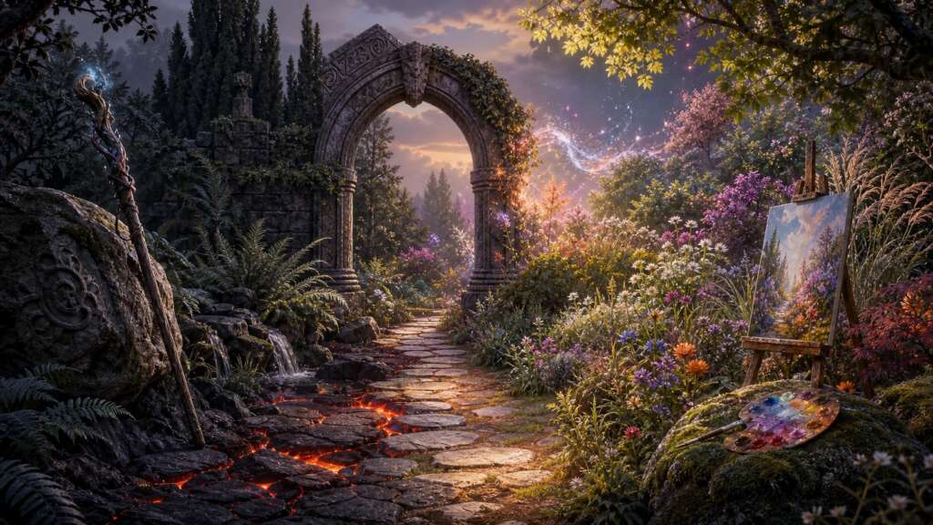 A fantasy garden path split between a dark stone arch and ferns on one side and soft flowers, an easel, and a paint palette on the other.