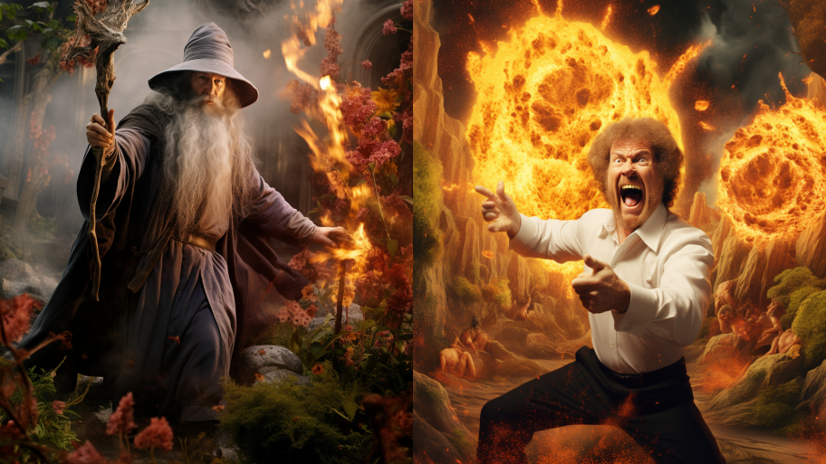 Bob Ross vs. Gandalf the Grey: A Duel of Artistry in Hell’s Enchanted Gardens
