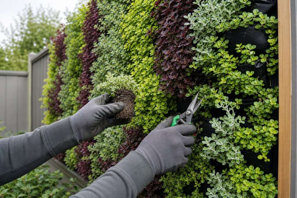 Gloved hands trimming a mature living mural while holding a replacement plug plant.