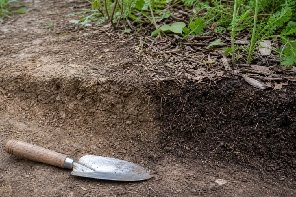 Close view of a spade-cut path edge showing dense compacted soil beside darker crumbly soil and fine roots under mulch.
