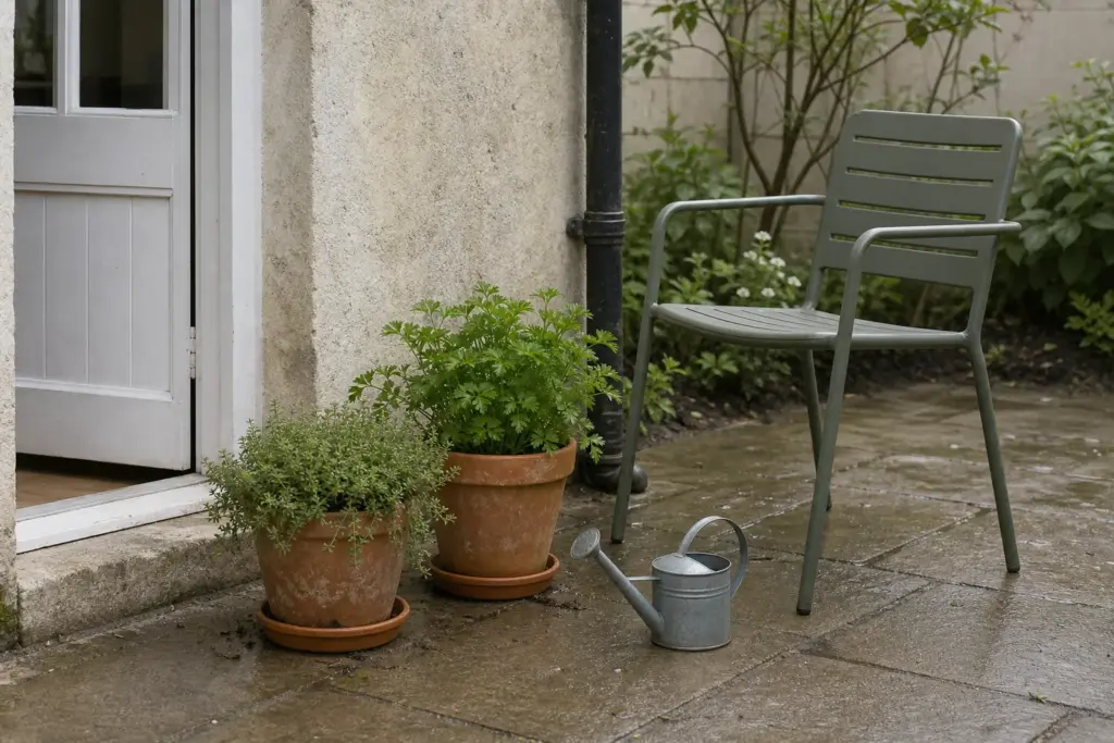 Two herb containers beside a clear doorway with a small watering can and a stable garden chair in soft morning light.