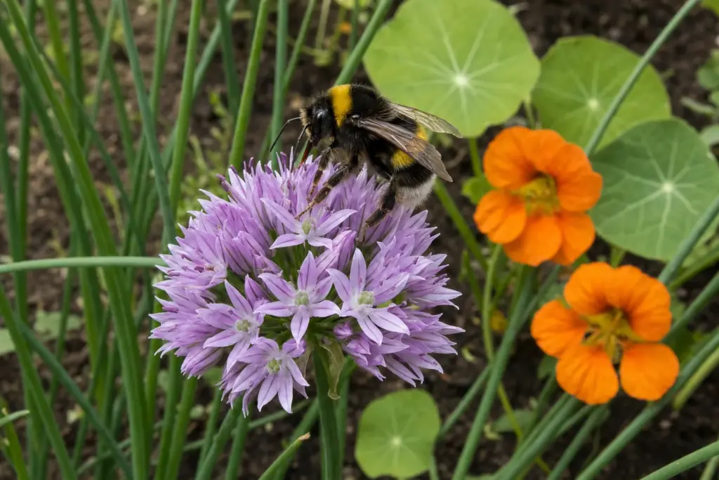 Bumblebee on a purple chive flower beside unpicked nasturtiums in an edible garden.