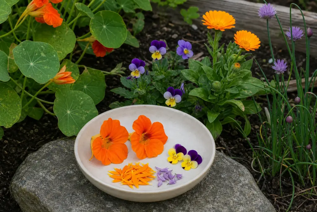 Bowl with nasturtium and viola blossoms, calendula petals, and separated chive florets beside the living plants.