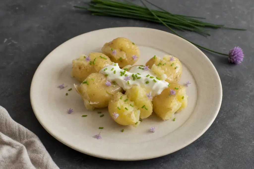 Close view of new potatoes with crème fraîche, chopped chives, and a few separated purple chive florets.
