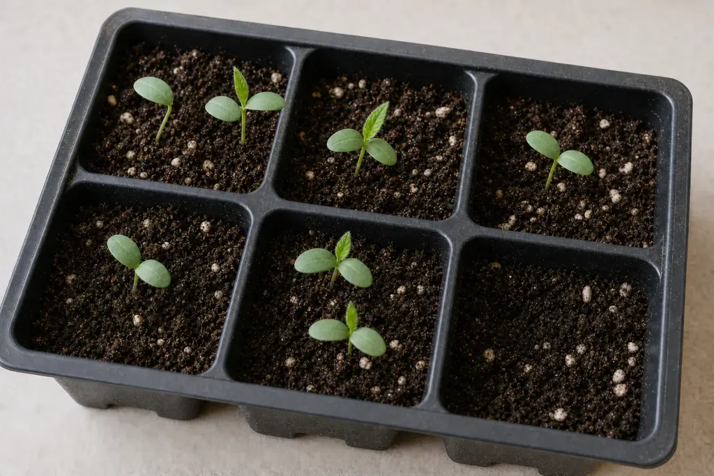 Young eastern purple coneflower seedlings with oval cotyledons emerging from soilless mix in a cell tray