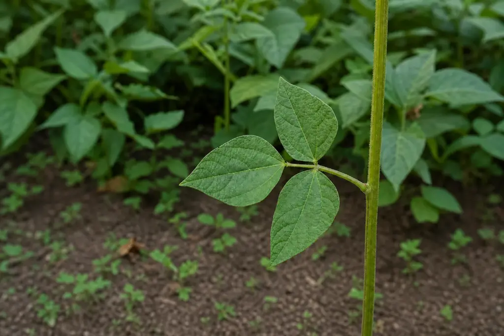 Close view of a common bean leaf showing the swollen pulvinus where its petiole meets the stem