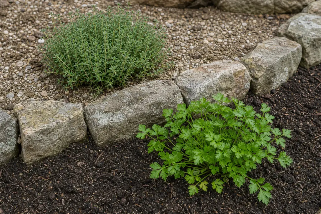 Close view of thyme in a dry gravelly upper pocket and flat-leaf parsley in darker moist soil below a stone course.