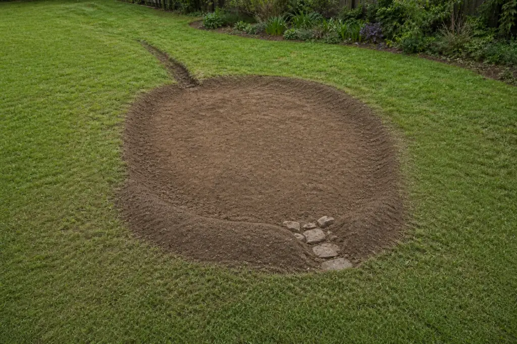 Shallow crescent-shaped rain garden basin with a level floor and broad downhill berm during construction.