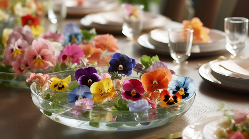 A vibrant, high-definition image of a table set with dishes incorporating various fresh and colorful edible flowers such as nasturtiums, begonias, pansies, and hibiscus, lit with soft, natural light.