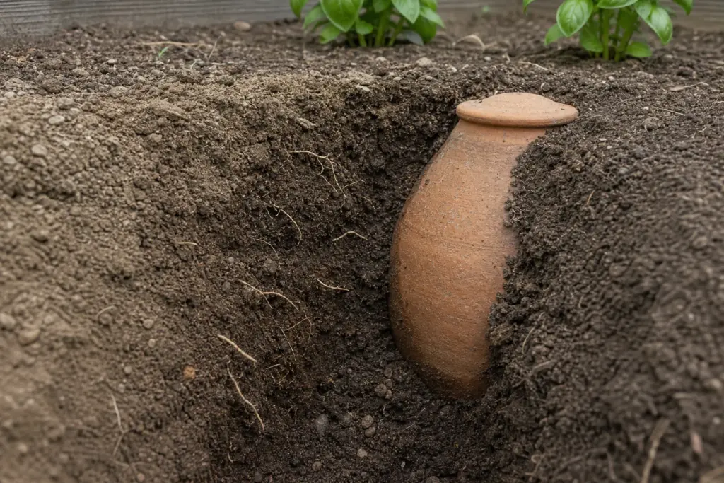 Partly exposed terracotta olla with darker moist soil and fine roots gathered beside its porous wall