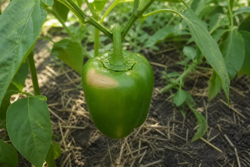 Pale leathery sunscald patch on the sun-facing shoulder of a green bell pepper still attached to the plant.