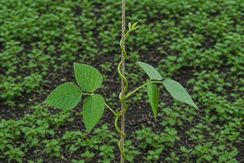 Close side view of a pole bean stem winding around a vertical jute string.