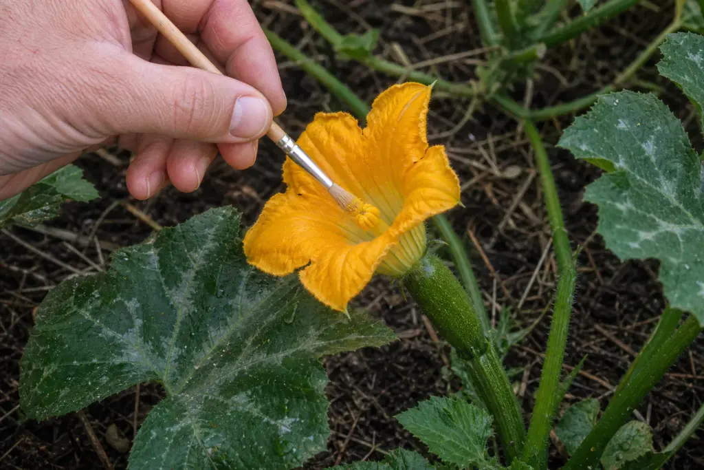 A gardener brushes pollen onto the stigma of a female zucchini flower with a small green ovary at its base.