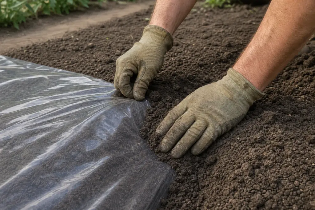 Close view of gloved hands burying the edge of clear plastic in a shallow trench around a moist, prepared garden bed.