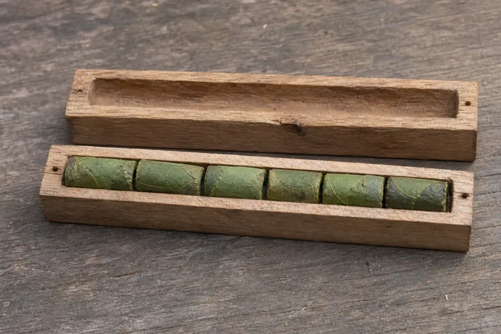 Opened wooden nesting tray showing a row of brood cells wrapped in overlapping leaf pieces.