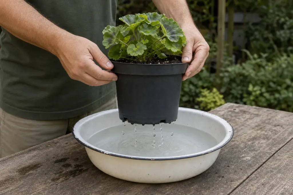 Hands lifting a black nursery pot from a shallow basin after the potting mix has absorbed water from below.