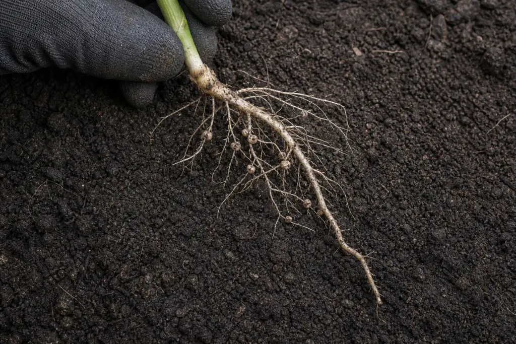 A gloved hand holding a freshly lifted field pea root with small nodules attached to its lateral roots.