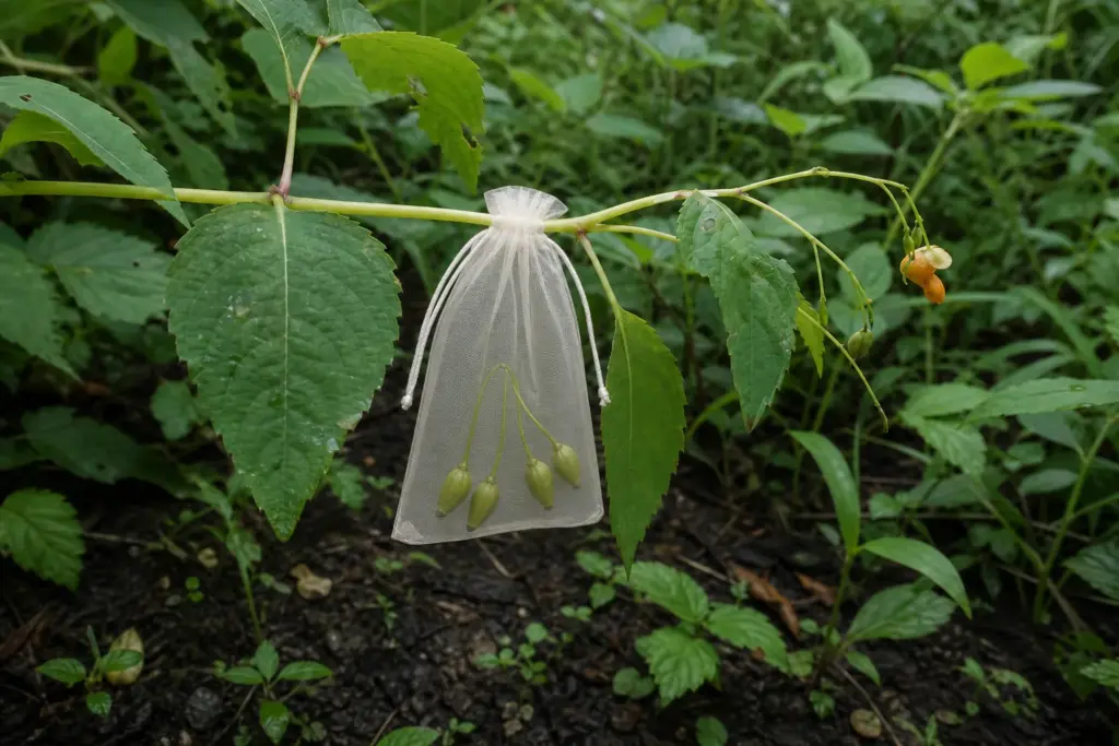 White mesh drawstring bag tied loosely around ripening jewelweed pods on a shaded garden plant.