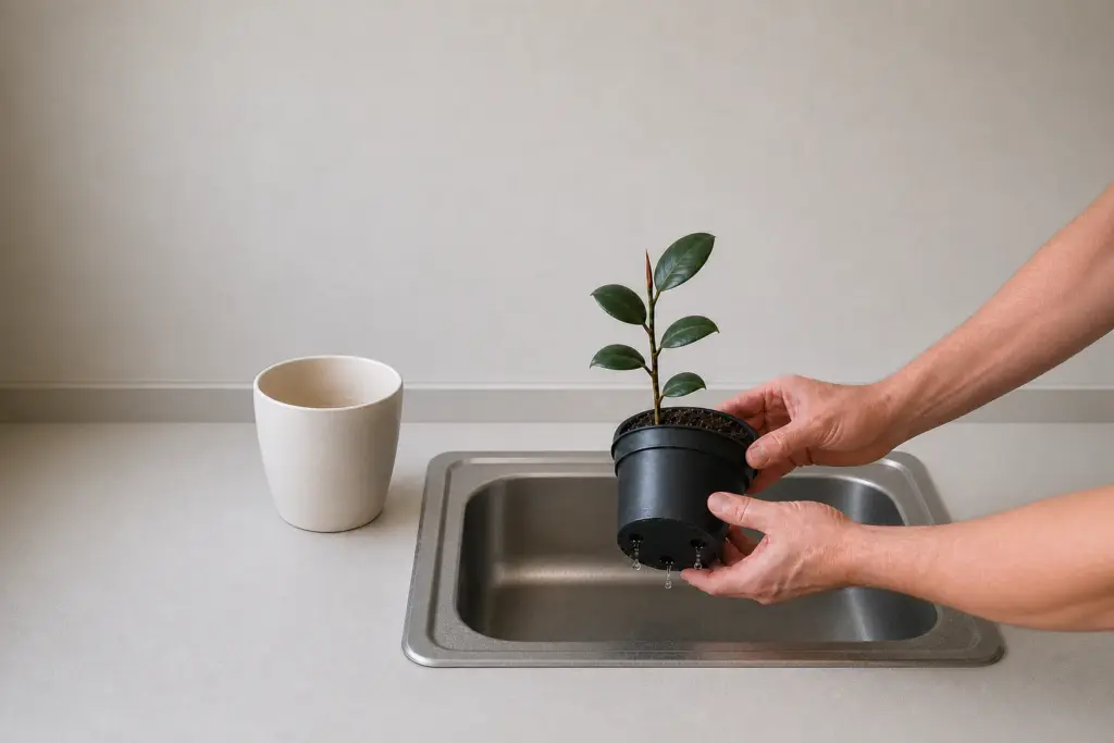 Hands holding a nursery pot with a young rubber plant above a sink as water drains from the base.