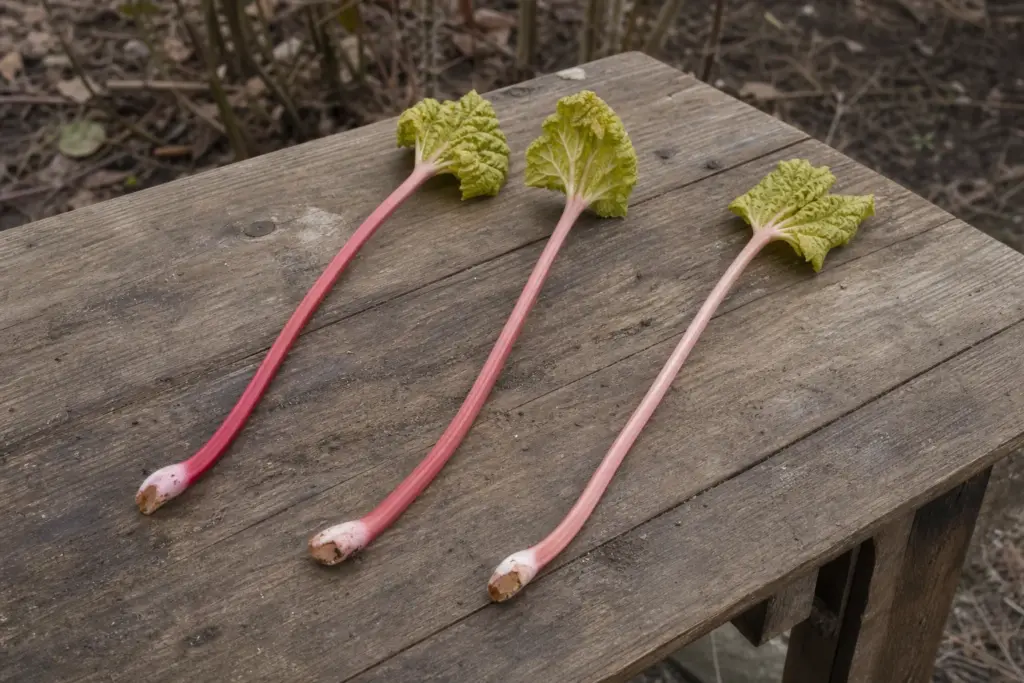Three pale pink forced rhubarb stalks with small yellow-green leaves on a wooden garden bench.