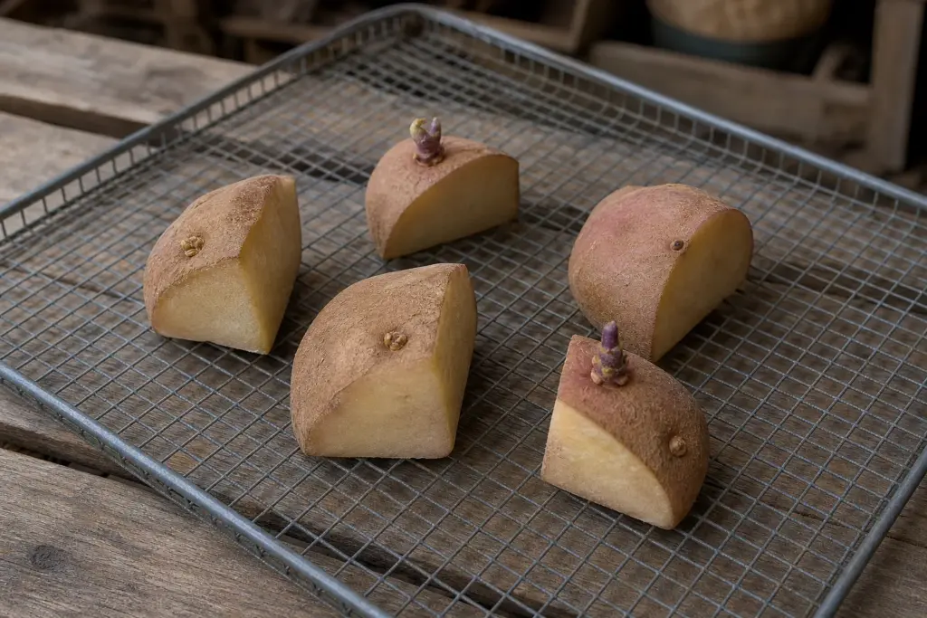 Cut seed-potato pieces with dry corked surfaces and short sprouts on a ventilated mesh tray.