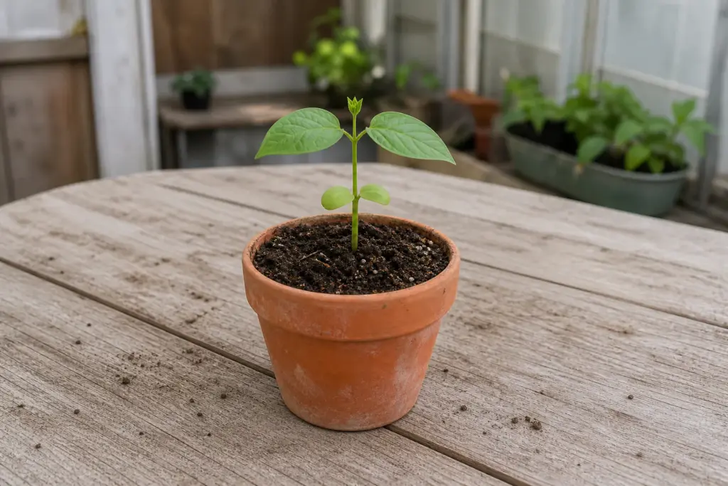 Young bean seedling with two cotyledons below a pair of simple true leaves