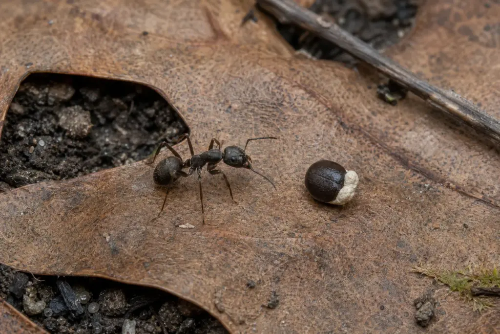 A woodland ant approaching a ripe bloodroot seed with a pale fleshy elaiosome on brown leaf litter.