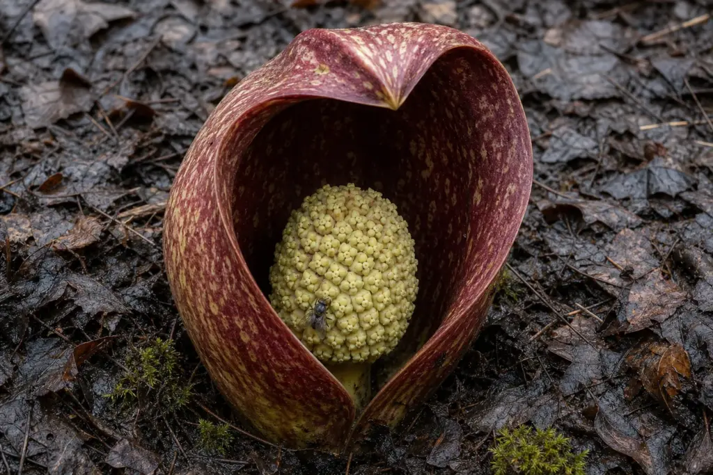 Close view inside a mottled maroon skunk cabbage spathe showing the round yellow-green spadix and a small fly.