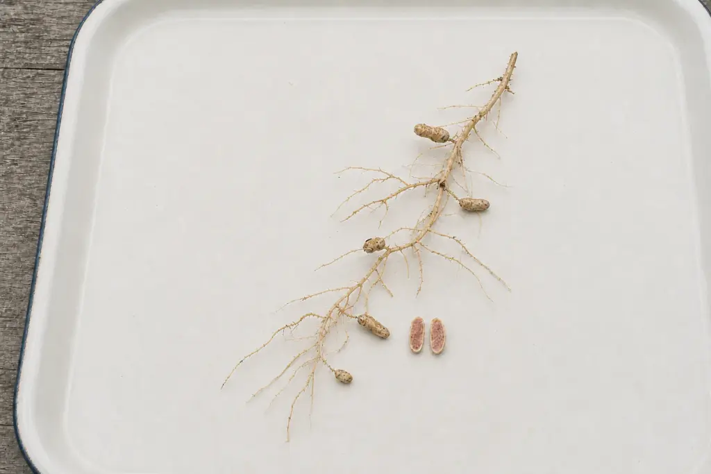 Washed pea root with several nodules and one cut open to show a muted pink interior