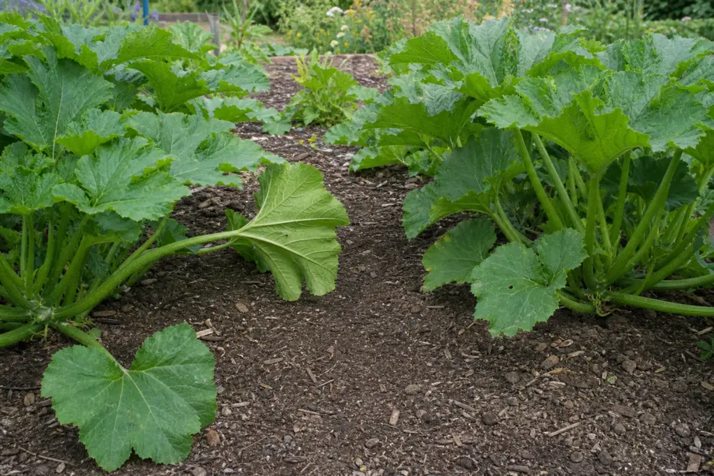 Two spaced zucchini plants with an open view into their lower leaves in a summer vegetable bed.