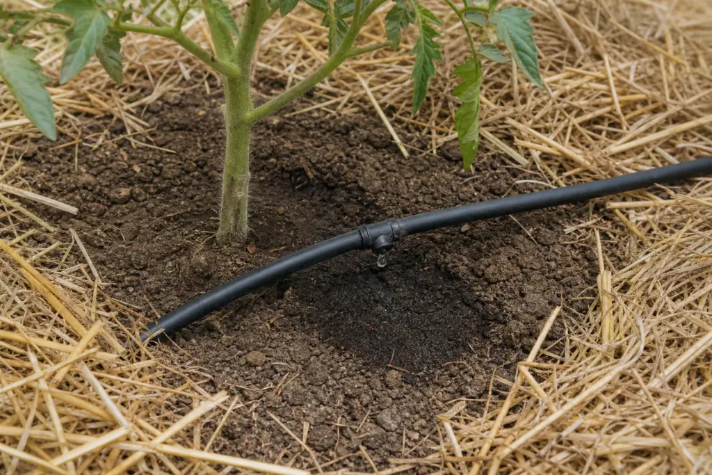 Drip irrigation wetting soil beneath straw mulch at the base of a tomato plant.