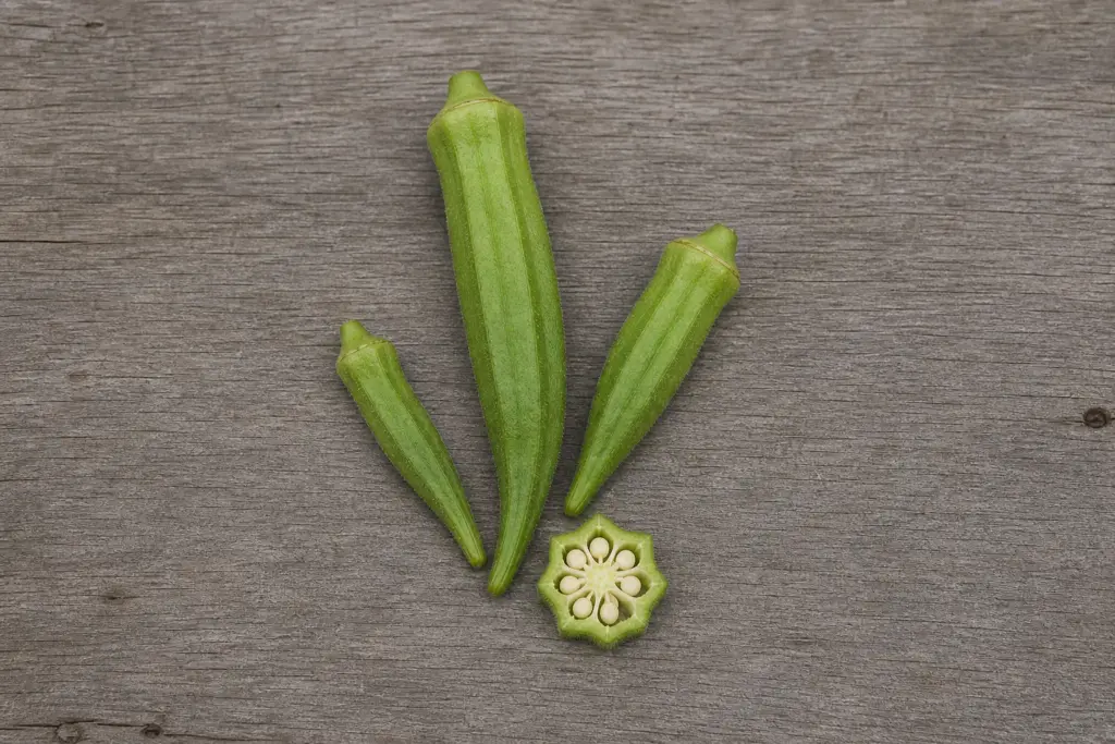 Freshly harvested green okra pods of increasing size with one cross-section showing pale developing seeds.