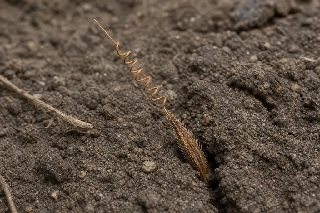 Macro view of a single filaree seed unit lodged point-first in a soil crack, with its coiled awn rising above the surface.
