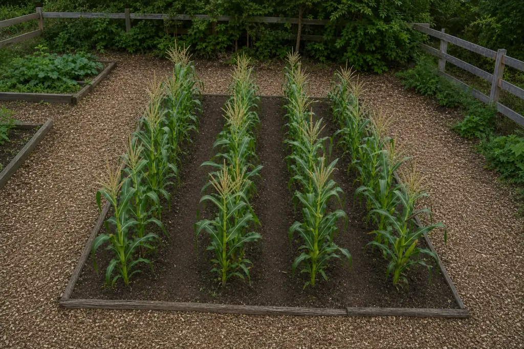 Four short rows of tasseling sweet corn growing together in a rectangular home-garden block.