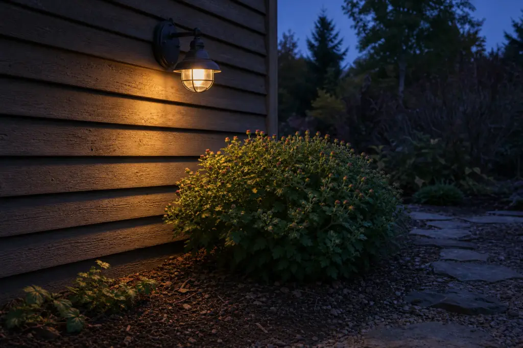 A budded garden mum growing beside a porch, with warm light from a wall lamp reaching its foliage at dusk.