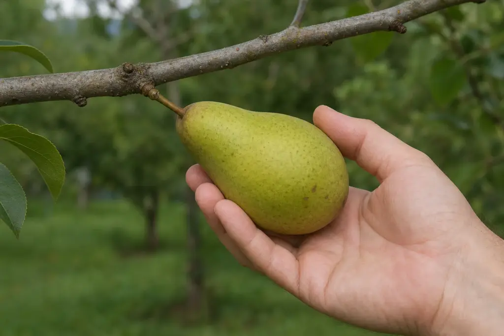 Hand cupping a firm pear and lifting it toward horizontal at the fruiting spur