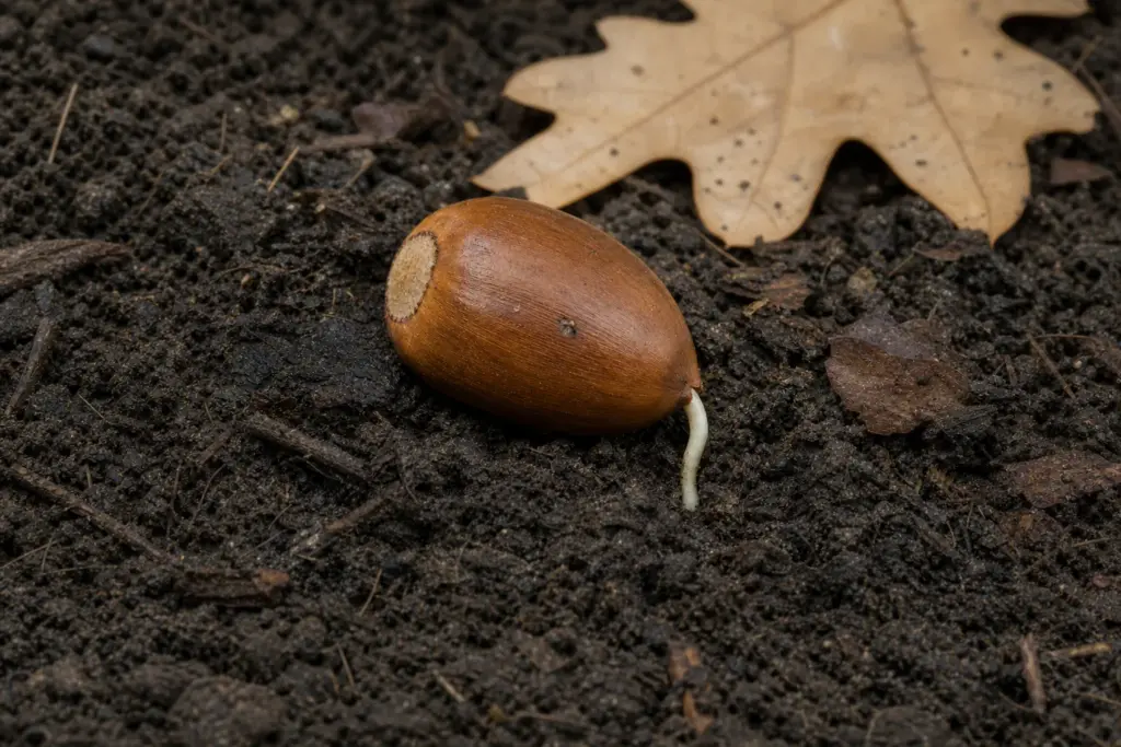White oak acorn with a pale radicle emerging into damp autumn soil