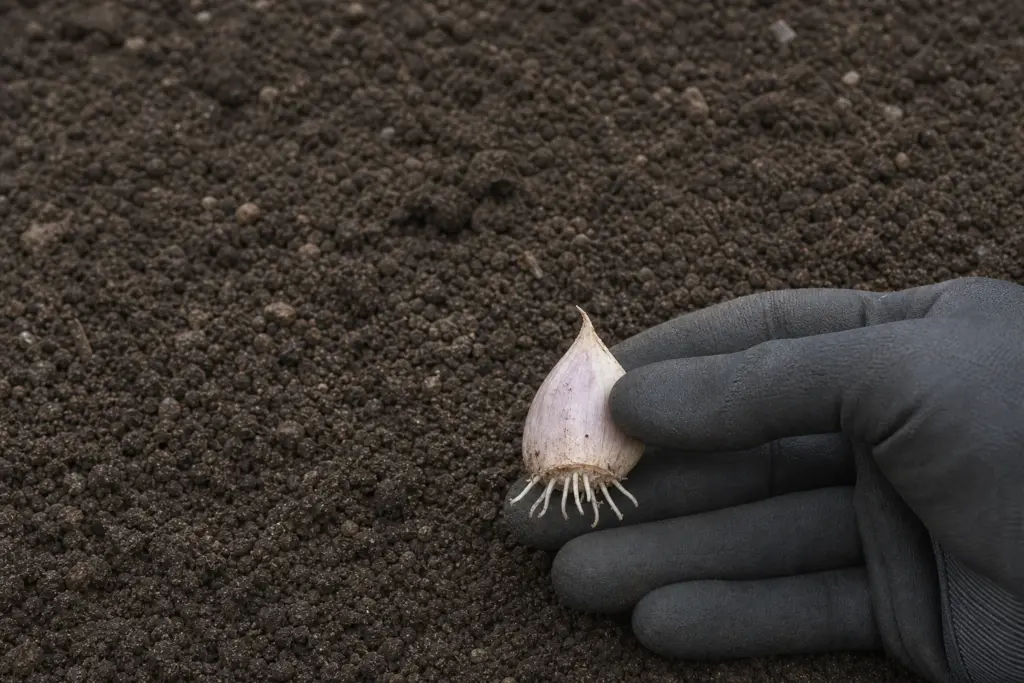 A gloved hand holding one garlic clove with short white roots emerging from its basal plate.