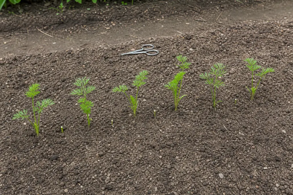 Young carrot seedlings spaced in loose soil beside small garden snips, with a few stems cut at soil level.