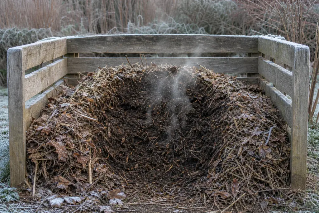 Wisps of condensation rising from the dark, moist center of an opened compost pile on a frosty morning
