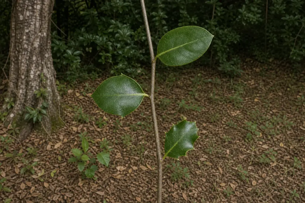 Spiny, partly toothed, and nearly smooth leaves growing on one European holly branch.