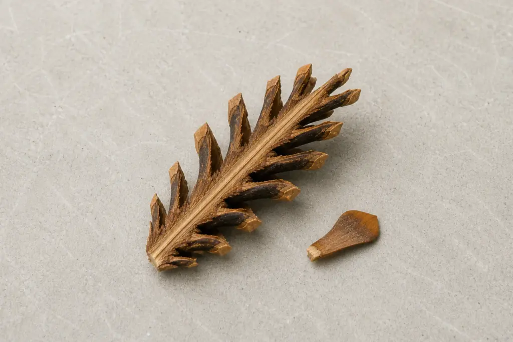 A pine cone cut lengthwise beside one detached woody scale, showing the scale's thick base and broad outer tip.