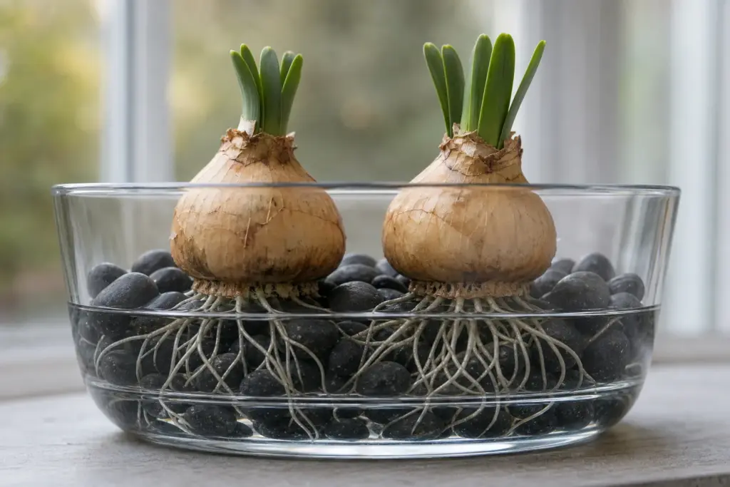Paperwhite bulbs held in dark pebbles with white roots growing down into water below the bulb bases.
