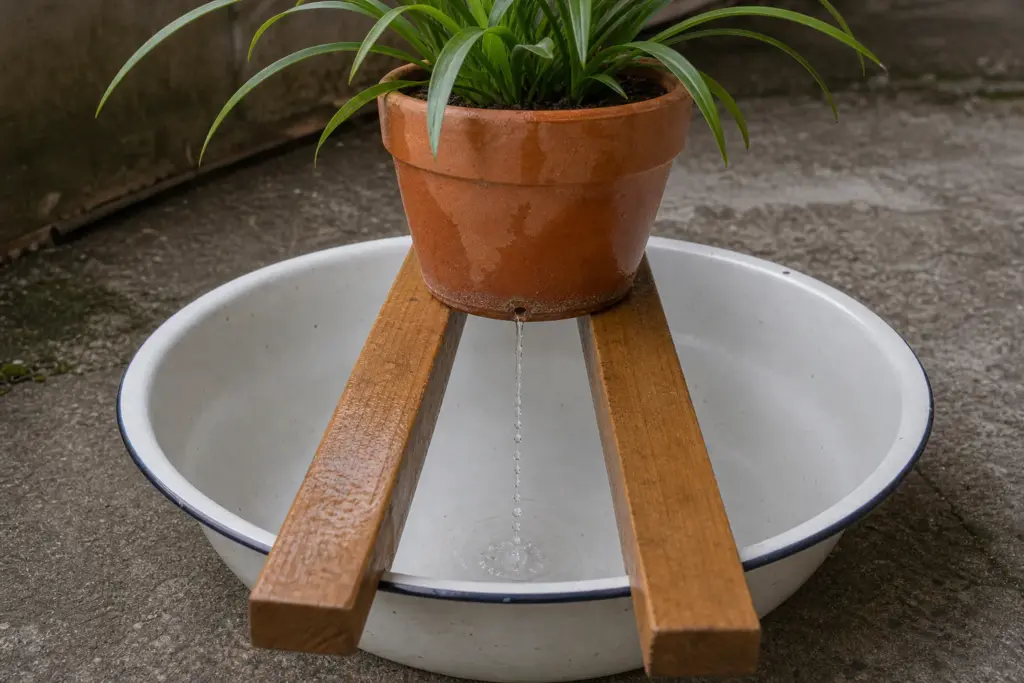 Water draining from a terracotta houseplant pot during a top-down rinse