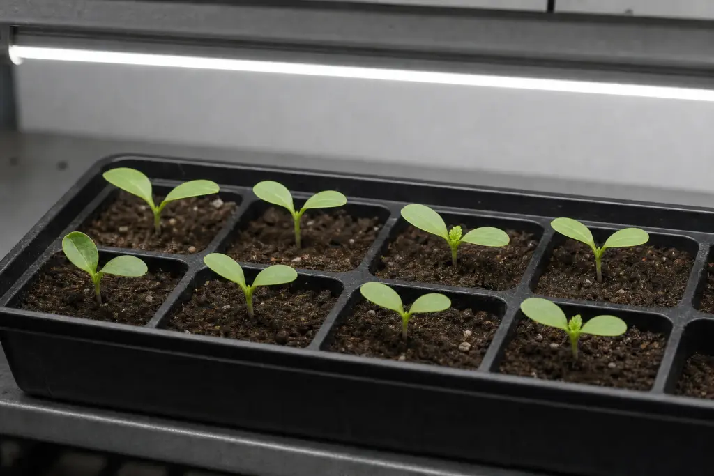Young lettuce seedlings with paired cotyledons growing under a white LED light above an indoor seed tray.