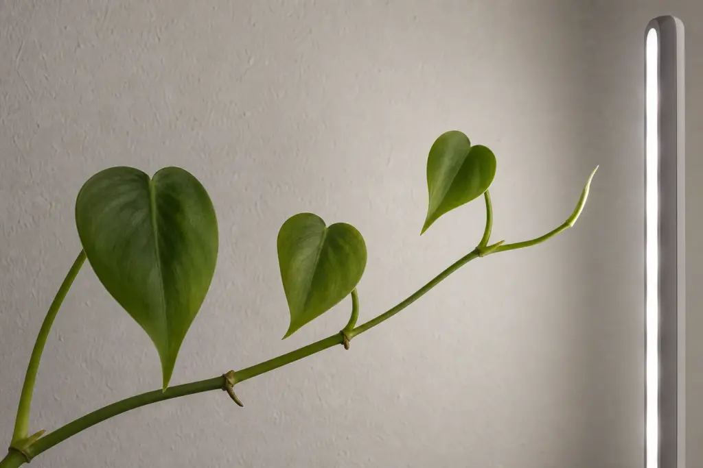 Close side view of a young heartleaf philodendron shoot curving toward a slim grow light.