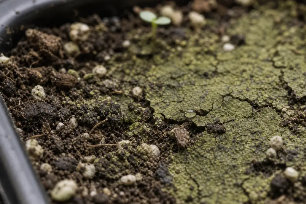 Macro view of a cracked green algae crust across seed-starting mix, with perlite and a small water droplet visible.