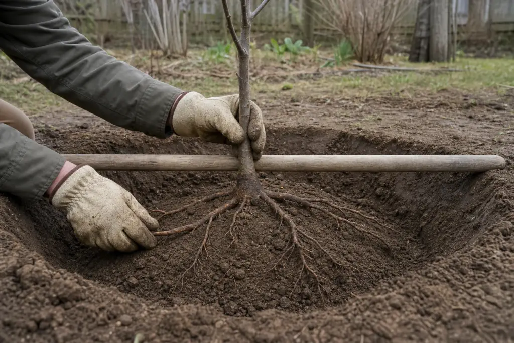Bare-root fruit tree held upright with roots spread over a soil mound in a wide planting hole