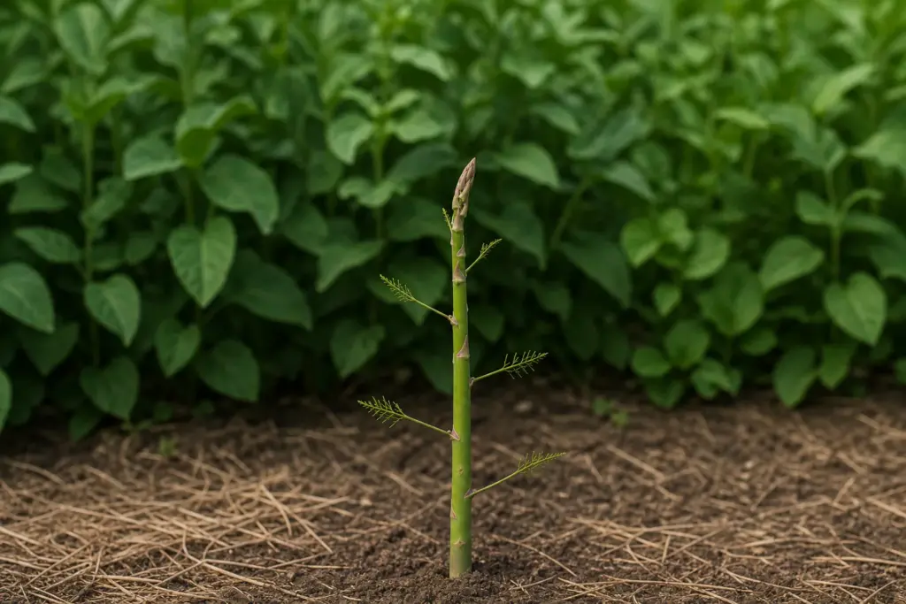 Close side view of an asparagus shoot with loosening bracts and young side branches beginning to form.